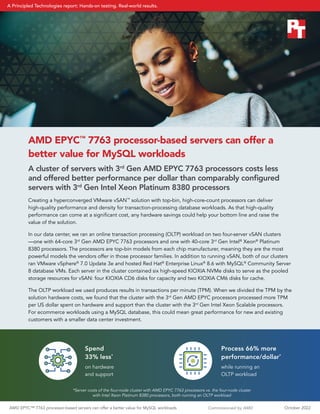 AMD EPYC™
7763 processor-based servers can offer a
better value for MySQL workloads
A cluster of servers with 3rd
Gen AMD EPYC 7763 processors costs less
and offered better performance per dollar than comparably configured
servers with 3rd
Gen Intel Xeon Platinum 8380 processors
Creating a hyperconverged VMware vSAN™
solution with top-bin, high-core-count processors can deliver
high-quality performance and density for transaction-processing database workloads. As that high-quality
performance can come at a significant cost, any hardware savings could help your bottom line and raise the
value of the solution.
In our data center, we ran an online transaction processing (OLTP) workload on two four-server vSAN clusters
—one with 64-core 3rd
Gen AMD EPYC 7763 processors and one with 40-core 3rd
Gen Intel®
Xeon®
Platinum
8380 processors. The processors are top-bin models from each chip manufacturer, meaning they are the most
powerful models the vendors offer in those processor families. In addition to running vSAN, both of our clusters
ran VMware vSphere®
7.0 Update 3e and hosted Red Hat®
Enterprise Linux®
8.6 with MySQL®
Community Server
8 database VMs. Each server in the cluster contained six high-speed KIOXIA NVMe disks to serve as the pooled
storage resources for vSAN: four KIOXIA CD6 disks for capacity and two KIOXIA CM6 disks for cache.
The OLTP workload we used produces results in transactions per minute (TPM). When we divided the TPM by the
solution hardware costs, we found that the cluster with the 3rd
Gen AMD EPYC processors processed more TPM
per US dollar spent on hardware and support than the cluster with the 3rd
Gen Intel Xeon Scalable processors.
For ecommerce workloads using a MySQL database, this could mean great performance for new and existing
customers with a smaller data center investment.
Process 66% more
performance/dollar*
while running an
OLTP workload
Spend
33% less*
on hardware
and support
*Server costs of the four-node cluster with AMD EPYC 7763 processors vs. the four-node cluster
with Intel Xeon Platinum 8380 processors, both running an OLTP workload
AMD EPYC™ 7763 processor-based servers can offer a better value for MySQL workloads October 2022
A Principled Technologies report: Hands-on testing. Real-world results.
Commissioned by AMD
 