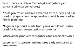 Yam tubers are rich in "carbohydrate" (White yam
contains 25% carbohydrates)
"Diosgenin", an alkaloid extracted from tubers and it is
used to prepare contraceptive drugs, which are used in
family planning
'Fuyu' is a product made from yams Yam flour' is also
used for human consumption as kokonte
Africa alone produces 90% tubers and covers 95% area
Lesser yam is sweeter and matures early compared to
 