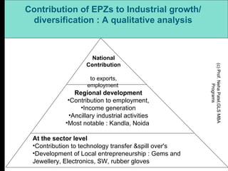 Contribution of EPZs to Industrial growth/ diversification : A qualitative analysis (c) Prof. Neha Patel,GLS MBA Programs At the sector level   Contribution to technology transfer &spill over's  Development of Local entrepreneurship : Gems and Jewellery, Electronics, SW, rubber gloves Regional development Contribution to employment, Income generation Ancillary industrial activities Most notable : Kandla, Noida  National Contribution   to exports, employment  