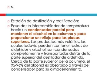 




5.

Estación de destilación y rectificación:
Pasa de un intercambiador de temperatura
hacia un condensador parcial para
mantener el alcohol en la columna y para
proporcionar un reflujo para las placas
superiores. Los productos más volátiles, los
cuales todavía pueden contener rastros de
aldehídos y alcohol, son condensados
completamente y transportados detrás de la
parte superior del destilador de aldehído.
Cerca de la parte superior de la columna, el
95-96% del alcohol es absorbido a través del
condensador para su almacenamiento.

 
