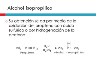 Alcohol isopropílico


Su obtención se da por medio de la
oxidación del propileno con ácido
sulfúrico o por hidrogenación de la
acetona.

 
