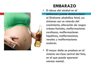 EMBARAZO
• El abuso del alcohol en el
embarazo puede desencadenar
el Síndrome alcohólico fetal, sus
síntomas son un retardo del
crecimiento, alteración de rasgos
cráneo-faciales, malformaciones
cardíacas, malformaciones
hepáticas, malformaciones
renales y malformaciones
oculares.
• El mayor daño se produce en el
sistema nervioso central del feto,
en el que puede aparecer
retraso mental.

 