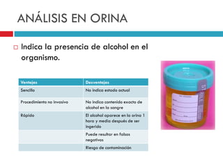 ANÁLISIS EN ORINA


Indica la presencia de alcohol en el
organismo.
Ventajas

Desventajas

Sencillo

No indica estado actual

Procedimiento no invasivo

No indica contenido exacto de
alcohol en la sangre

Rápido

El alcohol aparece en la orina 1
hora y media después de ser
ingerido
Puede resultar en falsos
negativos
Riesgo de contaminación

 