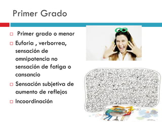 Primer Grado







Primer grado o menor
Euforia , verborrea,
sensación de
omnipotencia no
sensación de fatiga o
cansancio
Sensación subjetiva de
aumento de reflejos
Incoordinación

 
