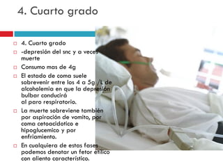 4. Cuarto grado










4. Cuarto grado
-depresión del snc y a veces
muerte
Consumo mas de 4g
El estado de coma suele
sobrevenir entre los 4 a 5g /L de
alcoholemia en que la depresión
bulbar conducirá
al paro respiratorio.
La muerte sobreviene también
por aspiración de vomito, por
coma cetoacidotico e
hipoglucemico y por
enfriamiento.
En cualquiera de estas fases
podemos denotar un fetor etílico
con aliento característico.

 