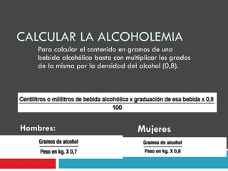 CALCULAR LA ALCOHOLEMIA
Para calcular el contenido en gramos de una
bebida alcohólica basta con multiplicar los grados
de la misma por la densidad del alcohol (0,8).

Hombres:

Mujeres

 