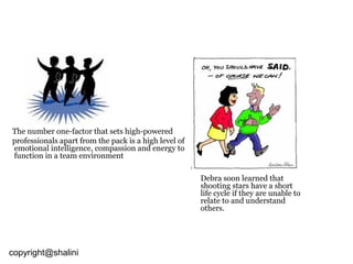 The number one-factor that sets high-powered
professionals apart from the pack is a high level of
emotional intelligence, compassion and energy to
function in a team environment
Debra soon learned that
shooting stars have a short
life cycle if they are unable to
relate to and understand
others.

copyright@shalini

 