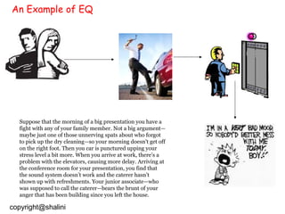 An Example of EQ

Suppose that the morning of a big presentation you have a
fight with any of your family member. Not a big argument—
maybe just one of those unnerving spats about who forgot
to pick up the dry cleaning—so your morning doesn’t get off
on the right foot. Then you car is punctured upping your
stress level a bit more. When you arrive at work, there’s a
problem with the elevators, causing more delay. Arriving at
the conference room for your presentation, you find that
the sound system doesn’t work and the caterer hasn’t
shown up with refreshments. Your junior associate—who
was supposed to call the caterer—bears the brunt of your
anger that has been building since you left the house.

copyright@shalini

 