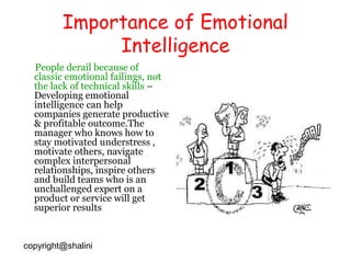 Importance of Emotional
Intelligence
People derail because of
classic emotional failings, not
the lack of technical skills –
Developing emotional
intelligence can help
companies generate productive
& profitable outcome.The
manager who knows how to
stay motivated understress ,
motivate others, navigate
complex interpersonal
relationships, inspire others
and build teams who is an
unchallenged expert on a
product or service will get
superior results

copyright@shalini

 