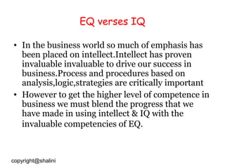 EQ verses IQ
• In the business world so much of emphasis has
been placed on intellect.Intellect has proven
invaluable invaluable to drive our success in
business.Process and procedures based on
analysis,logic,strategies are critically important
• However to get the higher level of competence in
business we must blend the progress that we
have made in using intellect & IQ with the
invaluable competencies of EQ.

copyright@shalini

 