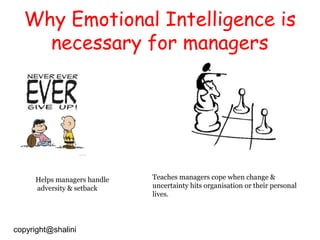 Why Emotional Intelligence is
necessary for managers

Helps managers handle
adversity & setback

copyright@shalini

Teaches managers cope when change &
uncertainty hits organisation or their personal
lives.

 