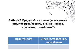 ЗАДАНИЕ: Придумайте вариант (какие мысли
запустят страх/тревогу, а какие интерес,
удивление, спокойствие?)
страх/тревога интерес, удивление,
спокойствие
 