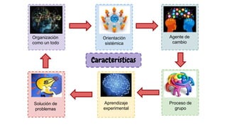 Características
Organización
como un todo
Agente de
cambio
Orientación
sistémica
Solución de
problemas
Aprendizaje
experimental
Proceso de
grupo
 