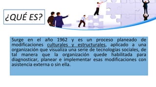 ¿QUÉ ES?
Surge en el año 1962 y es un proceso planeado de
modificaciones culturales y estructurales, aplicado a una
organización que visualiza una serie de tecnologías sociales, de
tal manera que la organización quede habilitada para
diagnosticar, planear e implementar esas modificaciones con
asistencia externa o sin ella.
 