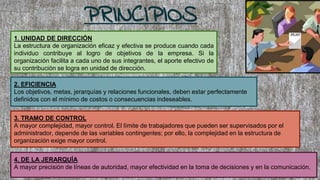 PRINCIPIOS
1. UNIDAD DE DIRECCIÓN
La estructura de organización eficaz y efectiva se produce cuando cada
individuo contribuye al logro de objetivos de la empresa. Si la
organización facilita a cada uno de sus integrantes, el aporte efectivo de
su contribución se logra en unidad de dirección.
2. EFICIENCIA
Los objetivos, metas, jerarquías y relaciones funcionales, deben estar perfectamente
definidos con el mínimo de costos o consecuencias indeseables.
3. TRAMO DE CONTROL
A mayor complejidad, mayor control. El límite de trabajadores que pueden ser supervisados por el
administrador, depende de las variables contingentes; por ello, la complejidad en la estructura de
organización exige mayor control.
4. DE LA JERARQUÍA
A mayor precisión de líneas de autoridad, mayor efectividad en la toma de decisiones y en la comunicación.
 