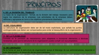 PRINCIPIOS
9. DE LA DIVISIÓN DEL TRABAJO
La base de la organización formal, es la división del trabajo necesario para
lograr los objetivos de la empresa. Las actividades de la empresa deben
definirse y agruparse en torno a los objetivos previamente diseñados.
10.DEL EQUILIBRIO
La estructura de organización debe ser de tal modo explicitada, que señale los puntos
contingenciales que deben ser compensados para evitar el desequilibrio de la organización.
11. DE LA FLEXIBILIDAD
Consiste en la previsión de mecanismos para adaptarse e incorporar elementos o técnicas
necesarias, para que la estructura de la organización pueda cumplir con sus propósitos.
12. DE LIDERAZGO
De la forma en que la estructura de organización apoya el liderazgo de sus administradores, depende el
buen desempeño y el desarrollo de las potencialidades.
 