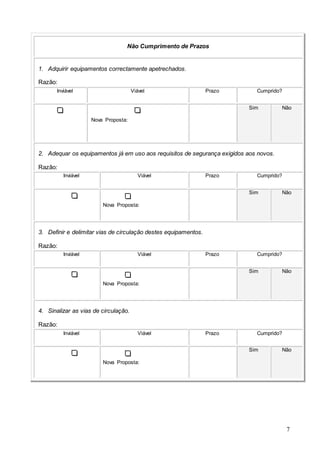 7
Não Cumprimento de Prazos
1. Adquirir equipamentos correctamente apetrechados.
Razão:
Inviável Viável Prazo Cumprido?
Nova Proposta:
Sim Não
2. Adequar os equipamentos já em uso aos requisitos de segurança exigidos aos novos.
Razão:
Inviável Viável Prazo Cumprido?
Nova Proposta:
Sim Não
3. Definir e delimitar vias de circulação destes equipamentos.
Razão:
Inviável Viável Prazo Cumprido?
Nova Proposta:
Sim Não
4. Sinalizar as vias de circulação.
Razão:
Inviável Viável Prazo Cumprido?
Nova Proposta:
Sim Não
 