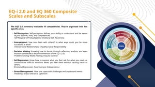 EQ-i 2.0 and EQ 360 Composite
Scales and Subscales
The EQ-I 2.0 inventory evaluates 15 competencies. They’re organized into five
specific areas.
• Self-Perception: Self-perception defines your ability to understand and be aware
of your abilities, skills, and competencies.
Self-Regard; Self-Actualization; Emotional Self Awareness
• Interpersonal: how one deals with others? In what ways could you be more
successful at work?
Interpersonal Relationships; Empathy; Social Responsibility
• Decision Making: Knowing how to decide through reflection, analysis, and even
intuition constitutes a decisive dimension of the EQ-i (2.0).
Problem Solving; Reality Testing; Impulse Control
• Self-Expression: Know how to express what you feel, ask for what you need, or
communicate difficult emotions when you feel them without causing harm to
others.
Emotional Expression; Assertiveness; Independence
• Stress Management: How one copes with challenges and unpleasant events
Flexibility; Stress Tolerance; Optimism
 