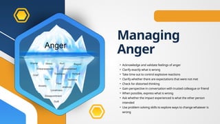 Managing
Anger
• Acknowledge and validate feelings of anger
• Clarify exactly what is wrong
• Take time out to control explosive reactions
• Clarify whether there are expectations that were not met
• Check for distorted thinking
• Gain perspective in conversation with trusted colleague or friend
• When possible, express what is wrong
• Ask whether the impact experienced is what the other person
intended
• Use problem solving skills to explore ways to change whatever is
wrong
 