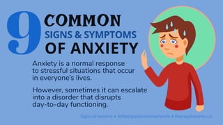 9COMMON
OF ANXIETY
SIGNS & SYMPTOMS
Anxiety is a normal response
to stressful situations that occur
in everyone’s lives.
However, sometimes it can escalate
into a disorder that disrupts
day-to-day functioning.
Signs of anxiety • @therapytorontonetwork • therapytoronto.ca
 