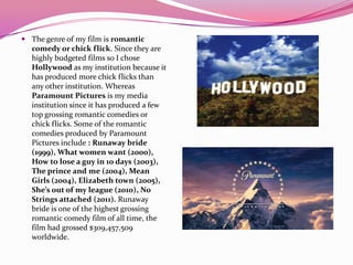  The genre of my film is romantic
comedy or chick flick. Since they are
highly budgeted films so I chose
Hollywood as my institution because it
has produced more chick flicks than
any other institution. Whereas
Paramount Pictures is my media
institution since it has produced a few
top grossing romantic comedies or
chick flicks. Some of the romantic
comedies produced by Paramount
Pictures include : Runaway bride
(1999), What women want (2000),
How to lose a guy in 10 days (2003),
The prince and me (2004), Mean
Girls (2004), Elizabeth town (2005),
She’s out of my league (2010), No
Strings attached (2011). Runaway
bride is one of the highest grossing
romantic comedy film of all time, the
film had grossed $309,457,509
worldwide.
 