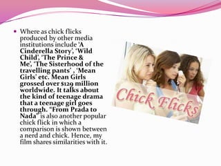  Where as chick flicks
produced by other media
institutions include ‘A
Cinderella Story’, ‘Wild
Child’, ‘The Prince &
Me’, ‘The Sisterhood of the
travelling pants’ , ‘Mean
Girls’ etc. Mean Girls
grossed over $129 million
worldwide. It talks about
the kind of teenage drama
that a teenage girl goes
through. “From Prada to
Nada” is also another popular
chick flick in which a
comparison is shown between
a nerd and chick. Hence, my
film shares similarities with it.
 