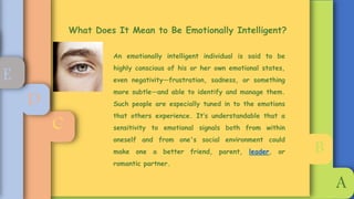 EMOTIONAL INTELLIGENCE
PRESENTER:
VINITHA S
WELCOME
A
B
C
D
E
What Does It Mean to Be Emotionally Intelligent?
An emotionally intelligent individual is said to be
highly conscious of his or her own emotional states,
even negativity—frustration, sadness, or something
more subtle—and able to identify and manage them.
Such people are especially tuned in to the emotions
that others experience. It’s understandable that a
sensitivity to emotional signals both from within
oneself and from one's social environment could
make one a better friend, parent, leader, or
romantic partner.
 