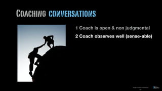 158
Coaching conversations
1 Coach is open & non judgmental
2 Coach observes well (sense-able)
images courtesy of shutterstock
 