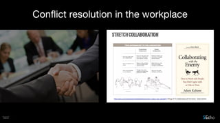 Conﬂict resolution in the workplace
We have all witnessed someone in conflict with another. Over time, the
relationship degrades and starts to impact on those around them. The conflict
spreads as people start to ally with one side or the other. Performance degrades
along with morale. The only things that seem to be increasing are workplace
absenteeism and the departure of high performers. Everyone seems to know
about it, but don’t know how to address it.
Mediation may be the answer.
Mediation is a confidential and voluntary process led by a respected individual
(the Mediator) between conflicting parties to promote mutually acceptable
agreements. It can encompass working and personal life.
The mediation process is nonjudgmental and without prejudice. The process
encourages each party to clarify their concerns while the mediator asks clarifying
questions to increase the understanding of those in attendance. Typically, their
will only be the two involved parties and the mediator present, however, there
increasing cases of group mediation.
Our mediators are trained and experience, not only in their mediation and related
skills, but also in business and life.
 