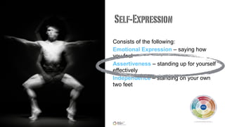 Consists of the following:
Emotional Expression – saying how
you feel
Assertiveness – standing up for yourself
effectively
Independence – standing on your own
two feet
Self-Expression
 