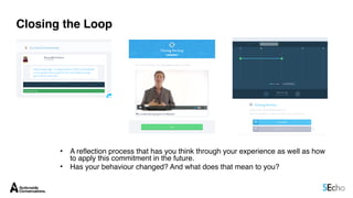 Closing the Loop
• A reflection process that has you think through your experience as well as how
to apply this commitment in the future.
• Has your behaviour changed? And what does that mean to you?
 