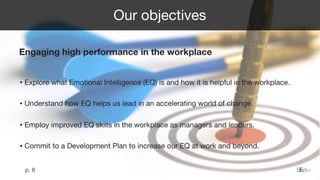 Engaging high performance in the workplace

• Explore what Emotional Intelligence (EQ) is and how it is helpful in the workplace.

• Understand how EQ helps us lead in an accelerating world of change.
• Employ improved EQ skills in the workplace as managers and leaders.

• Commit to a Development Plan to increase our EQ at work and beyond.
Our objectives
5Echop. 8
 