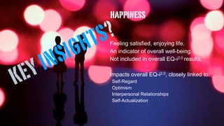 Feeling satisfied, enjoying life.
An indicator of overall well-being.
Not included in overall EQ-i2.0 results.
Impacts overall EQ-i2.0, closely linked to:
Self-Regard
Optimism
Interpersonal Relationships
Self-Actualization
happiness
KEY INSIGHTS?
 