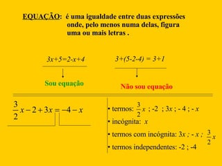 EQUAÇÃO :  é uma igualdade entre duas expressões  onde, pelo menos numa delas, figura  uma ou mais letras . 3x+5=2-x+4 Sou equação 3+(5-2-4) = 3+1 Não sou equação 1º membro   2º membro termos:  ; -2  ; 3 x  ; - 4 ; -  x incógnita:  x termos com incógnita: 3 x ;  -  x ; termos independentes: -2 ; -4 