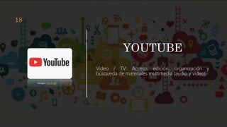 YOUTUBE
Video / TV: Acceso, edición, organización y
búsqueda de materiales multimedia (audio y video).
Imagen YouTube
18
 