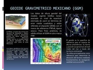 GEOIDE GRAVIMETRICO MEXICANO (GGM)

El INEGI, a través de la Dirección
General de Geografía y Medio
Ambiente pone a disposición
pública los datos del Geoide
Gravimétrico
Mexicano
(GGM), que es un modelo digital
de alturas geoidales de alta
resolución que cubre el área
Mexicana.
Los datos geodésicos de insumo
con los que se genera el GGM son
diversos, pero entre ellos
destacan
los
valores
de
aceleración de la gravedad
medidos sobre la topografía y los
modelos digitales de elevación
del terreno.

Los datos de altura geoidal del
modelo vigente GGM10 tienen
asociado un nivel de exactitud
estimado de 20cm en términos de
error medio cuadrático y están
referidos al elipsoide GRS80 con el
marco de referencia ITRF08, época
2010.0. Para fines prácticos, es
válido utilizar al GGM en otro marco
ITRF.
El geoide es la superficie de
referencia para el sistema de
alturas ortométricas. Su forma
y posición se aproximan al nivel
medio del mar a través del
territorio continental.
Se utiliza principalmente como
referencia para determinar la
elevación del terreno mediante
levantamientos de navegación
satelital como es el GPS.

 