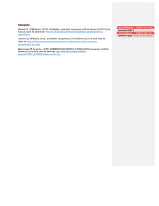 Bibliografía
Madera, R. (2 de febrero, 2014). Solubilidad y polaridad, recuperado el 28 de febrero de 2016 de la
base de datos de SlideShare: http://es.slideshare.net/xRazzr/solubilidad-y-polaridad-teora-y-
experimento
Quiminet (2 de febrero, 2003). Solubilidad, recuperado el 28 de febrero de 2016 de la base de
datos de:	http://www.quiminet.com/articulos/usos-y-aplicaciones-de-las-soluciones-
farmaceuticas-226.htm
Quimicaweb (2 de febrero, 2016). COMBINACIÓN MEZCLA Y DISOLUCIÓN,recuperado el 28 de
febrero de 2016 de la base de datos de: http://www.quimicaweb.net/Web-
alumnos/DISOLUCIONES-A/Introduccion.htm
María Guadalupe …, 3/3/2016 12:01 A.M.
Comentario [16]: 5	
María Guadalupe …, 3/3/2016 12:01 A.M.
Comentario [17]: consultar	otro	tipo	de	fuentes	
 