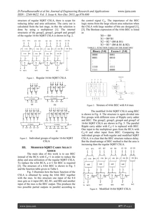 D Paradhasaradhi et al Int. Journal of Engineering Research and Applications
ISSN : 2248-9622, Vol. 3, Issue 6, Nov-Dec 2013, pp.876-880
structure of regular SQRT CSLA, there is scope for
reducing delay and area utilization. The carry out is
calculated from the last stage, in this the selection is
done by using a multiplexer [1]. The internal
structures of the group2, group3, group4 and group5
of the regular 16-bit SQRT CSLA is shown in Fig. 2.

Figure 1.

www.ijera.com

the control signal Cin. The importance of the BEC
logic stems from the large silicon area reduction when
the CSLA with large number of bits are designed [1],
[3]. The Boolean expression of the 4-bit BEC is listed
as
X0 = ~B0
X1 = B0^B1
X2 = B2 ^ (B0 & B1)
X3 = B3 ^ (B0 & B1 & B2).
TABLE I. FUNCTION TABLE OF THE 4-BIT BEC
Binary [3:0]
Excess-1 [3:0]
0000
0001
0001
0010
:
:
:
:
1110
1111
1111
0000

Regular 16-bit SQRT CSLA

Figure 3.

Figure 2.

Individual groups of regular 16-bit SQRT
CSLA

III.

Struture of 4-bit BEC with 8:4 mux

The modified 16-bit SQRT CSLA using BEC
is shown in Fig. 4. The structure is again divided into
five groups with different sizes of Ripple carry adder
and BEC. The group2, group3, group4 and group5 of
16-bit SQRT CSLA are shown in Fig. 5. The parallel
Ripple carry adder with Cin=1 is replaced with BEC.
One input to the multiplexer goes from the RCA with
Cin=0 and other input from BEC. Comparing the
individual groups of both regular and modified SQRT
CSLA, it is clear that the BEC structure reduces delay.
But the disadvantage of BEC method is that the area is
increasing than the regular SQRT CSLA.

MODIFIED SQRT CARRY SELECT
ADDER

The main idea of this work is to use BEC
instead of the RCA with Cin=1 in order to reduce the
delay and area utilization of the regular SQRT CSLA.
To replace the n-bit RCA, a n+1 bit BEC is required
[2]. The structure of a 4-bit BEC is shown in Fig. 3
and the function table given in Table I.
Fig. 3 illustrates how the basic function of the
CSLA is obtained by using the 4-bit BEC together
with the mux. In this structure one input of the 8:4
mux gets as it input (B3, B2, B1, and B0) and another
input of the mux is the BEC output. This produces the
two possible partial outputs in parallel according to

www.ijera.com

Figure 4.

Modified 16-bit SQRT CSLA

877 | P a g e

 