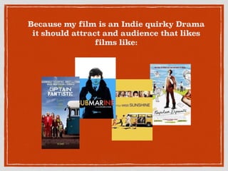 Because my film is an Indie quirky Drama
it should attract and audience that likes
films like:
 