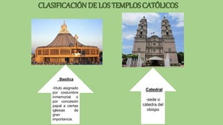 CLASIFICACIÓN DE LOS TEMPLOS CATÓLICOS
Basílica
-título asignado
por costumbre
inmemorial o
por concesión
papal a ciertas
iglesias de
gran
importancia.
Catedral
-sede o
cátedra del
obispo
 