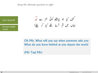 Keep the ultimate question in sight
52 info@dna.com.sa www.dna.com.sa
Give Yourself
Pursue Noble
Goals
Oh Mir, What will you say when someone asks you
What do you leave behind as you depart the world
(Mir Taqi Mir)
 