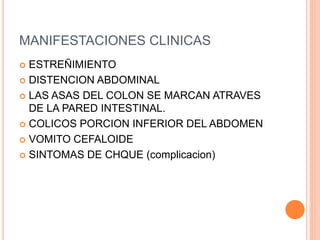 MANIFESTACIONES CLINICAS
 ESTREÑIMIENTO
 DISTENCION ABDOMINAL
 LAS ASAS DEL COLON SE MARCAN ATRAVES
DE LA PARED INTESTINAL.
 COLICOS PORCION INFERIOR DEL ABDOMEN
 VOMITO CEFALOIDE
 SINTOMAS DE CHQUE (complicacion)
 