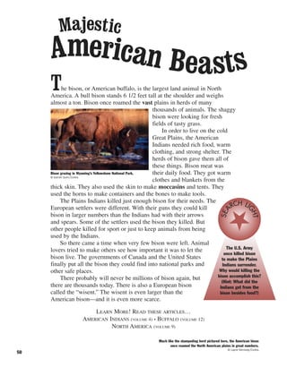 50
The bison, or American buffalo, is the largest land animal in North
America. A bull bison stands 6 1/2 feet tall at the shoulder and weighs
almost a ton. Bison once roamed the vast plains in herds of many
thousands of animals. The shaggy
bison were looking for fresh
fields of tasty grass.
In order to live on the cold
Great Plains, the American
Indians needed rich food, warm
clothing, and strong shelter. The
herds of bison gave them all of
these things. Bison meat was
their daily food. They got warm
clothes and blankets from the
thick skin. They also used the skin to make moccasins and tents. They
used the horns to make containers and the bones to make tools.
The Plains Indians killed just enough bison for their needs. The
European settlers were different. With their guns they could kill
bison in larger numbers than the Indians had with their arrows
and spears. Some of the settlers used the bison they killed. But
other people killed for sport or just to keep animals from being
used by the Indians.
So there came a time when very few bison were left. Animal
lovers tried to make others see how important it was to let the
bison live. The governments of Canada and the United States
finally put all the bison they could find into national parks and
other safe places.
There probably will never be millions of bison again, but
there are thousands today. There is also a European bison
called the “wisent.” The wisent is even larger than the
American bison—and it is even more scarce.
LEARN MORE! READ THESE ARTICLES…
AMERICAN INDIANS (VOLUME 4) • BUFFALO (VOLUME 12)
NORTH AMERICA (VOLUME 9)
Majestic
American Beasts
Bison grazing in Wyoming’s Yellowstone National Park.
© Darrell Gulin/Corbis
Much like the stampeding herd pictured here, the American bison
once roamed the North American plains in great numbers.
© Layne Kennedy/Corbis
The U.S. Army
once killed bison
to make the Plains
Indians surrender.
Why would killing the
bison accomplish this?
(Hint: What did the
Indians get from the
bison besides food?)
SEA
RCH LI
GHT
 