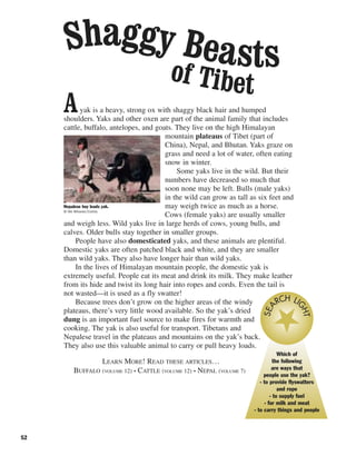 52
Ayak is a heavy, strong ox with shaggy black hair and humped
shoulders. Yaks and other oxen are part of the animal family that includes
cattle, buffalo, antelopes, and goats. They live on the high Himalayan
mountain plateaus of Tibet (part of
China), Nepal, and Bhutan. Yaks graze on
grass and need a lot of water, often eating
snow in winter.
Some yaks live in the wild. But their
numbers have decreased so much that
soon none may be left. Bulls (male yaks)
in the wild can grow as tall as six feet and
may weigh twice as much as a horse.
Cows (female yaks) are usually smaller
and weigh less. Wild yaks live in large herds of cows, young bulls, and
calves. Older bulls stay together in smaller groups.
People have also domesticated yaks, and these animals are plentiful.
Domestic yaks are often patched black and white, and they are smaller
than wild yaks. They also have longer hair than wild yaks.
In the lives of Himalayan mountain people, the domestic yak is
extremely useful. People eat its meat and drink its milk. They make leather
from its hide and twist its long hair into ropes and cords. Even the tail is
not wasted—it is used as a fly swatter!
Because trees don’t grow on the higher areas of the windy
plateaus, there’s very little wood available. So the yak’s dried
dung is an important fuel source to make fires for warmth and
cooking. The yak is also useful for transport. Tibetans and
Nepalese travel in the plateaus and mountains on the yak’s back.
They also use this valuable animal to carry or pull heavy loads.
LEARN MORE! READ THESE ARTICLES…
BUFFALO (VOLUME 12) • CATTLE (VOLUME 12) • NEPAL (VOLUME 7)
of Tibet
Shaggy Beasts
Nepalese boy leads yak.
© Nik Wheeler/Corbis
Which of
the following
are ways that
people use the yak?
- to provide flyswatters
and rope
- to supply fuel
- for milk and meat
- to carry things and people
SEA
RCH LI
GHT
 