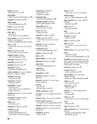 96
jackals (animals)
Did you know? page 29
jackrabbits
rabbits and hares photograph page 92
kangaroos (animals) page 78
killer whales
whales photograph page 76
koalas (animals) page 81
lemurs (animals) page 19
lesser apes
apes page 9
LEARN MORE look under gibbons
lesser pandas, also called cat bears, or
red bear cats (animals)
pandas page 38, photograph page 38
lions page 24
LEARN MORE look under cats; ocelots;
tigers
llamas (animals) page 62
LEARN MORE look under camels
longhorn cattle (animals)
cattle photograph page 46
macaques (animals) page 17
mammals (animals) 12
manatees (animals) page 73
mandrills (monkeys)
mammals photograph page 7
marine animals: look under dolphins;
manatees; walruses; whales
markhors (animals)
wild goats page 58
marmosets (animals)
monkeys page 15
marsupials (animals)
mammals page 7
LEARN MORE look under kangaroos;
koalas; opossums
meerkats (animals): look under yellow
mongooses
mermaids (legendary beings)
manatees page 73
milk (food)
mammals page 6
mongooses (animals) page 36
monkeys page 15
lemurs page 19
mandrills photograph page 7
LEARN MORE look under macaques
monotremes (mammals)
mammals page 7
platypuses page 84
mountain goats
wild goats photograph page 58
mountain gorillas (animals)
gorillas photograph page 10
mozzarella (cheese)
Did you know? page 49
mules (animals)
donkeys page 42
muskrats (animals) page 69
ocelots (animals) page 27
LEARN MORE look under cats; lions;
tigers
opossums, also called possums
(animals) page 83
orangutans (apes)
apes page 9, photograph page 8
pandas (animals) page 38
pigs page 64
plains buffalo: look under bison
platypuses (animals) page 84
polar bears
mammals photograph page 6
pollination
bats page 89
porcupines page 70
possums (animals): look under
opossums
primates (animals): look under apes;
lemurs; monkeys
purring
cats page 21
Did you know? page 23
rabbits and hares page 93
raccoons, also called ringtails (animals)
page 35
red bear cats: look under lesser pandas
rhesus monkeys (animals)
macaques page 17, photograph page 17
ringtails (animals): look under raccoons
rodents (animals): look under muskrats;
porcupines
ruminants (animals)
cattle page 47
sheep page 57
LEARN MORE look under wild goats
Siberian tigers
tigers page 23, photograph page 23
spiny anteaters, also called echidnas
(animals)
platypuses page 84
tahrs (animals)
wild goats page 58
tails
Did you know? page 14
tamarau (animals)
buffalo page 49
tapirs (animals) page 45
tigers page 23
LEARN MORE look under cats; lions;
ocelots
timber wolves: look under gray wolves
tusks
elephants page 91
walruses page 75, photograph page 74
ungulates (animals with hooves): look
under camels; cattle; donkeys; gazelles;
hippopotamuses; horses; llamas; pigs;
sheep; tapirs; wild goats
walruses (animals) page 75
warrens (burrows)
rabbits and hares page 93
water buffalo, also called Indian
buffalo (animals)
buffalo page 49, photograph page 48
whales page 76
Did you know? page 7
wild goats page 58
sheep page 57
wisents, also called European bison
(animals)
bison page 50
wolves page 31
LEARN MORE look under coyotes; dogs
wool
sheep page 57
yaks (animals) page 52
yellow mongooses, also called meerkats
(animals)
mongooses photograph page 36,
photograph page 37
 