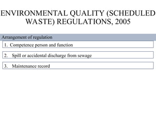 ENVIRONMENTAL QUALITY (SCHEDULED
WASTE) REGULATIONS, 2005
Arrangement of regulation
1. Competence person and function
2. Spill or accidental discharge from sewage
3. Maintenance record
 