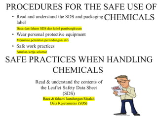PROCEDURES FOR THE SAFE USE OF
CHEMICALS
SAFE PRACTICES WHEN HANDLING
CHEMICALS
 