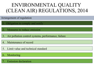 ENVIRONMENTAL QUALITY
(CLEAN AIR) REGULATIONS, 2014
Arrangement of regulation
1. Obligation to comply and notify
2. Measures to reduce emission
3. Air pollution control systems, performance, failure
4. Maintenance of record
5. Limit value and technical standard
6. Monitoring
7. Emission declaration
 