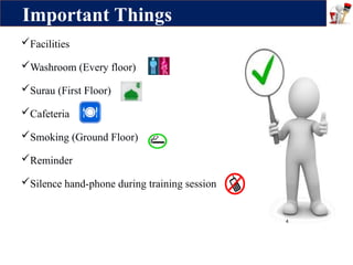 Facilities
Washroom (Every floor)
Surau (First Floor)
Cafeteria
Smoking (Ground Floor)
Reminder
Silence hand-phone during training session
Important Things
4
 
