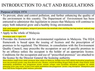 Purpose of EQA 1974
INTRODUCTION TO ACT AND REGULATIONS
 